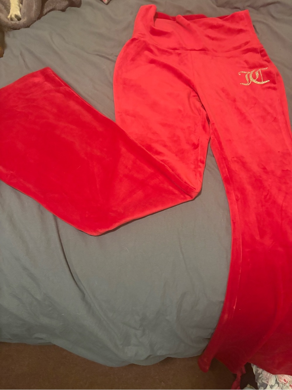 Juicy Couture Red Velour Flare Pants with Gold Embroidered Logo